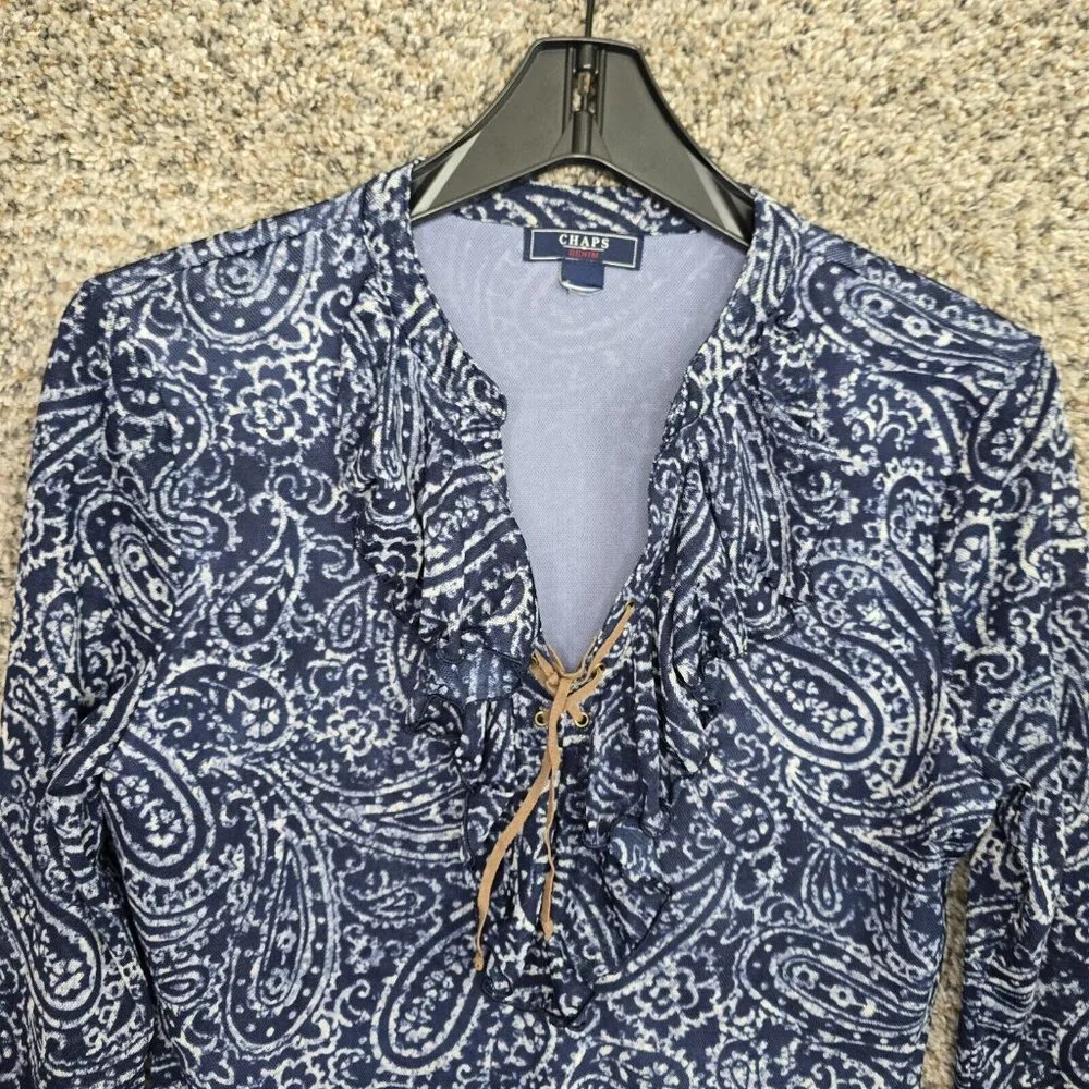 Chaps Top Womens Small Blue Mesh Paisley Ruffle Blouse‎ Lace Up Casual Ladies